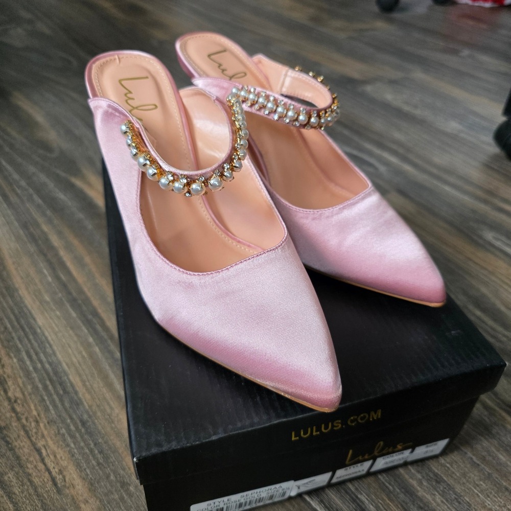 Lulus Sephoraa Rose Gold Satin Pearl Embellished Pointed Toe Mules Size 8.5